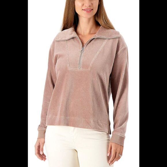 Encore by Idina Menzel Tops - Encore by Idina Menzel Half-Zip Corded Velour Mock Neck Top Wood - Regular